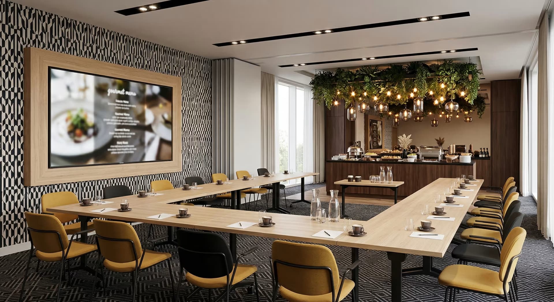 Salle de réunion hôtelière préparée entre deux sessions de travail